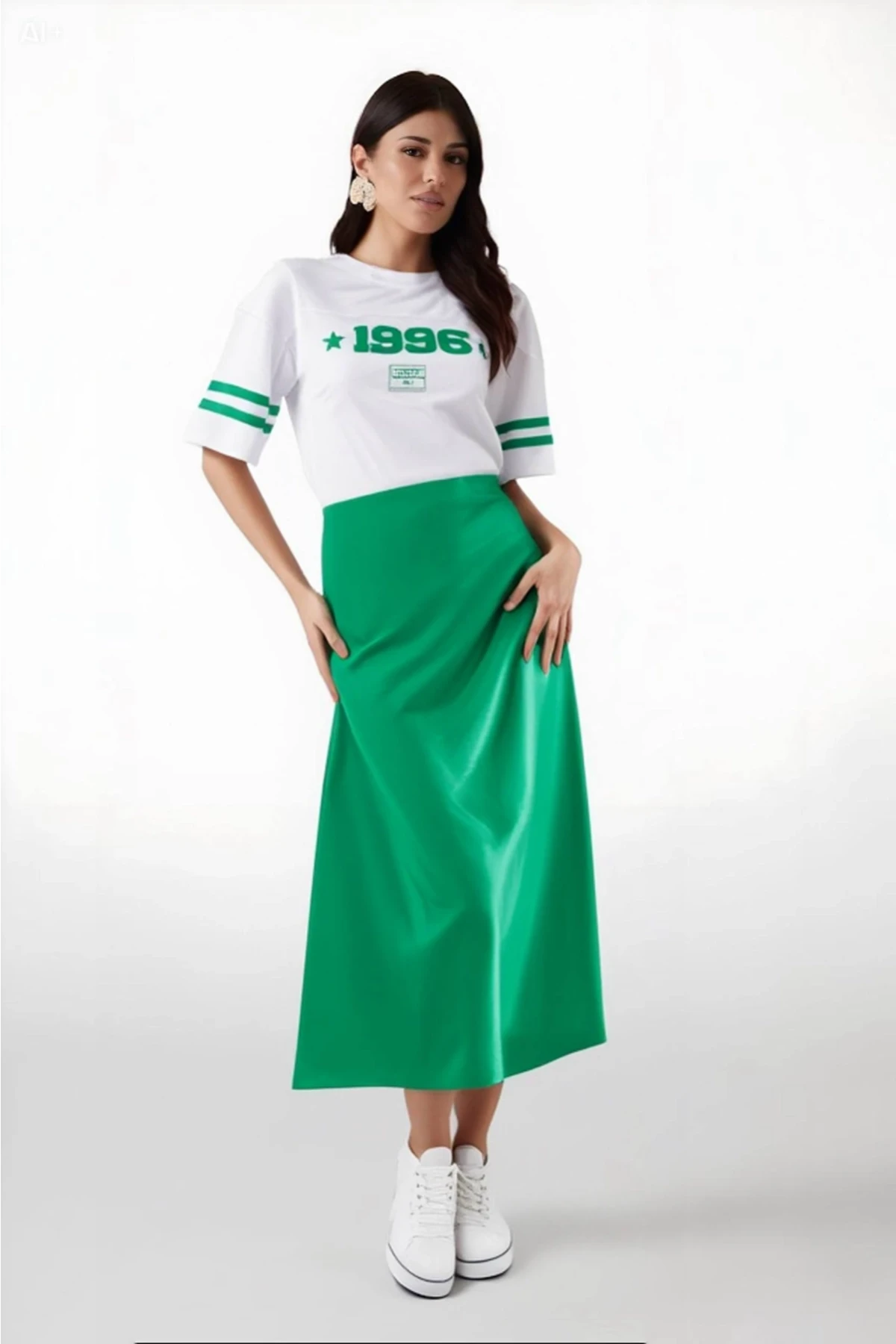 Kadın Yeşil Saten Yüzeyli Beli Lastikli Midi Boy Etek Hzl23S-BD1101471