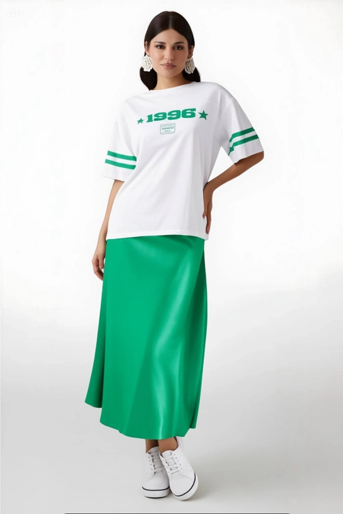 Kadın Yeşil Saten Yüzeyli Beli Lastikli Midi Boy Etek Hzl23S-BD1101471