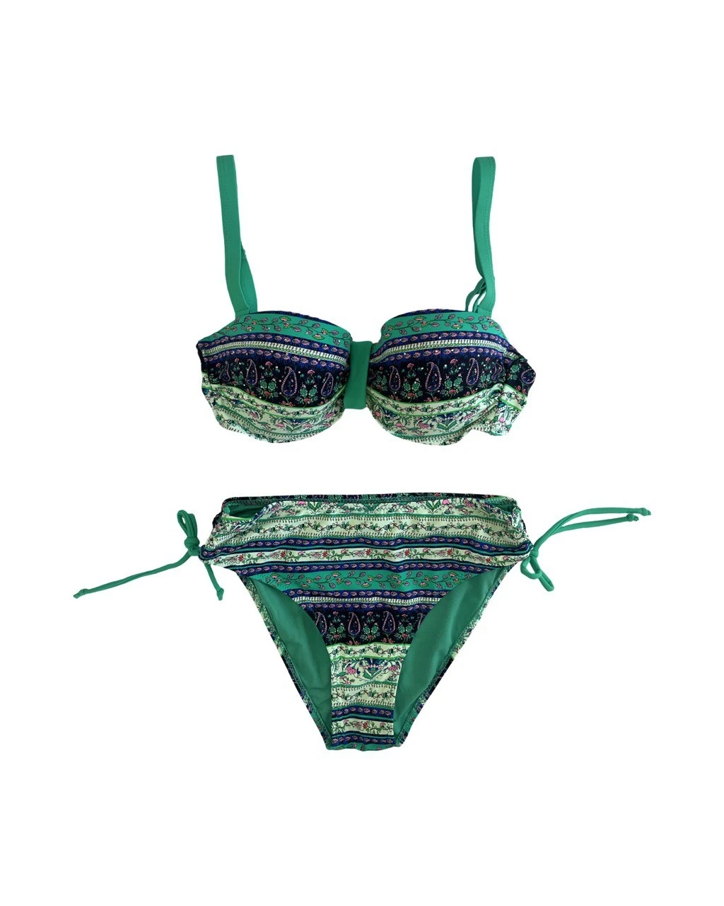 Kadın Yeşil Taş İşlemeli Etnik Desenli Astarlı Bikini Takımı HZL25S-LC3305