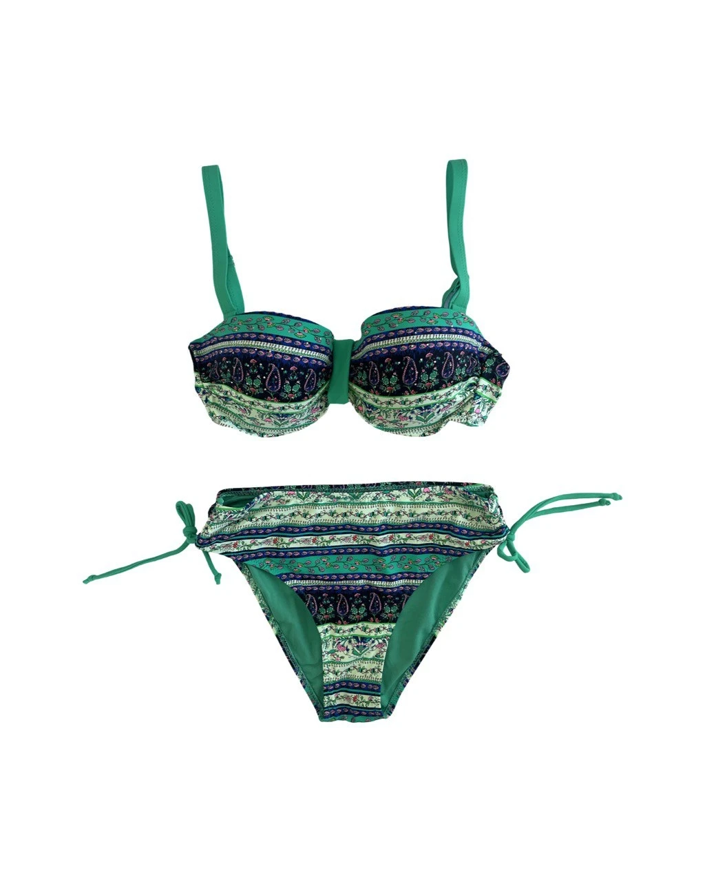 Kadın Yeşil Taş İşlemeli Etnik Desenli Astarlı Bikini Takımı HZL25S-LC3305