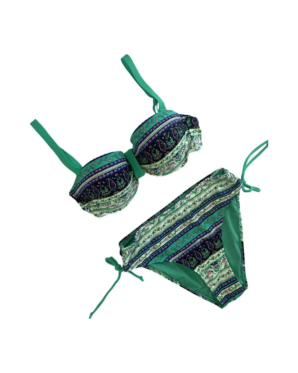 Kadın Yeşil Taş İşlemeli Etnik Desenli Astarlı Bikini Takımı HZL25S-LC3305