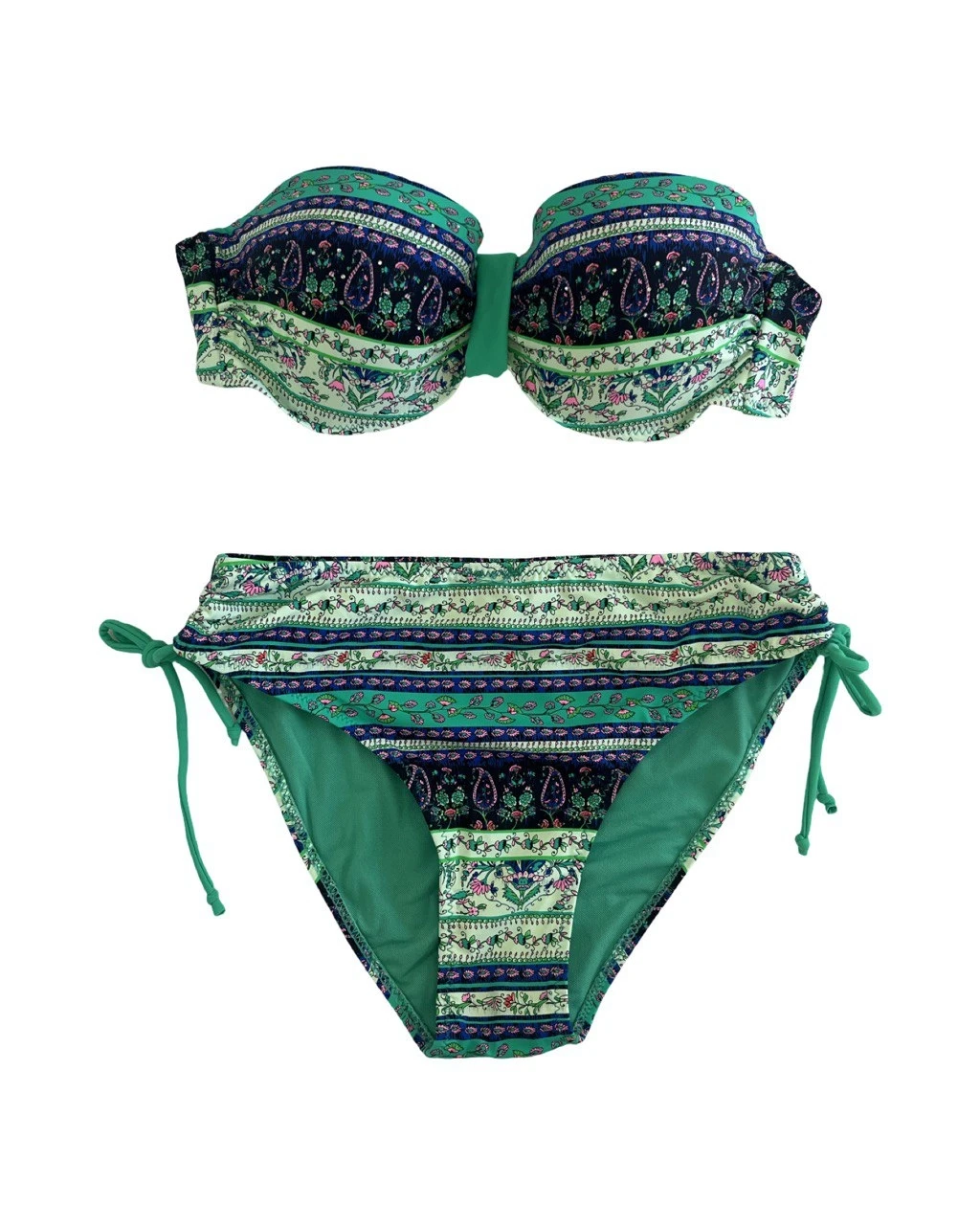 Kadın Yeşil Taş İşlemeli Etnik Desenli Astarlı Bikini Takımı HZL25S-LC3305