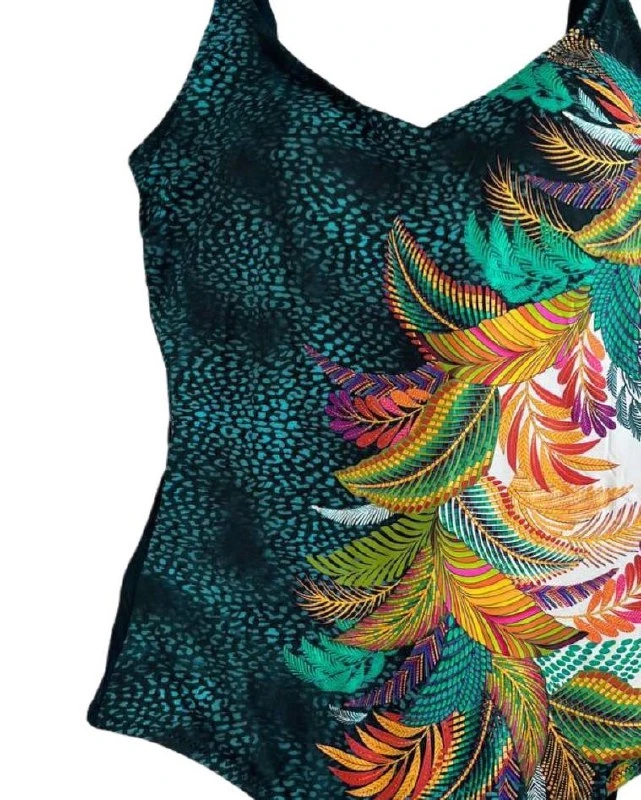 Kadın Yeşil Tropikal Yaprak Desen Yüzücü Mayo HZL25S-LC0046