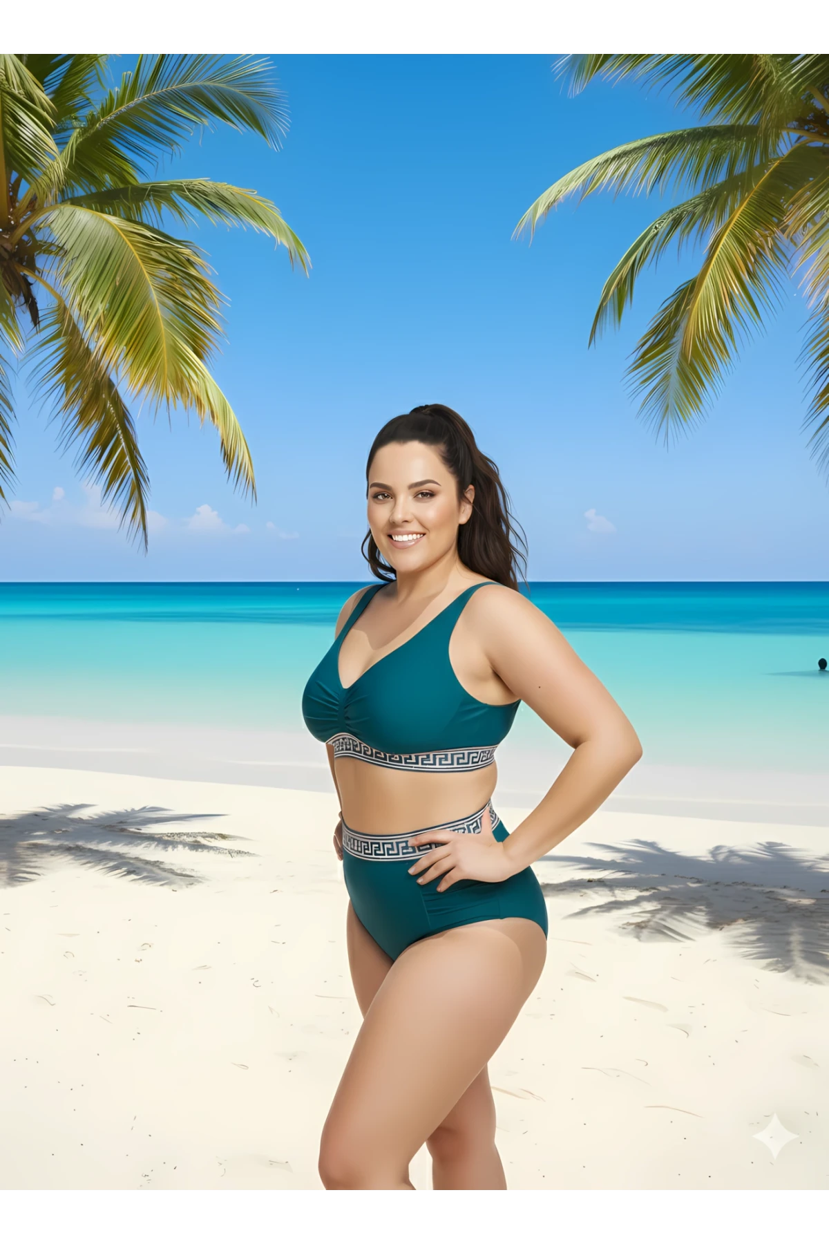 Kadın Yeşil Yüksek Bel Şerit Detaylı Destekli Büyük Beden Bikini Takımı HZL25S-LC201