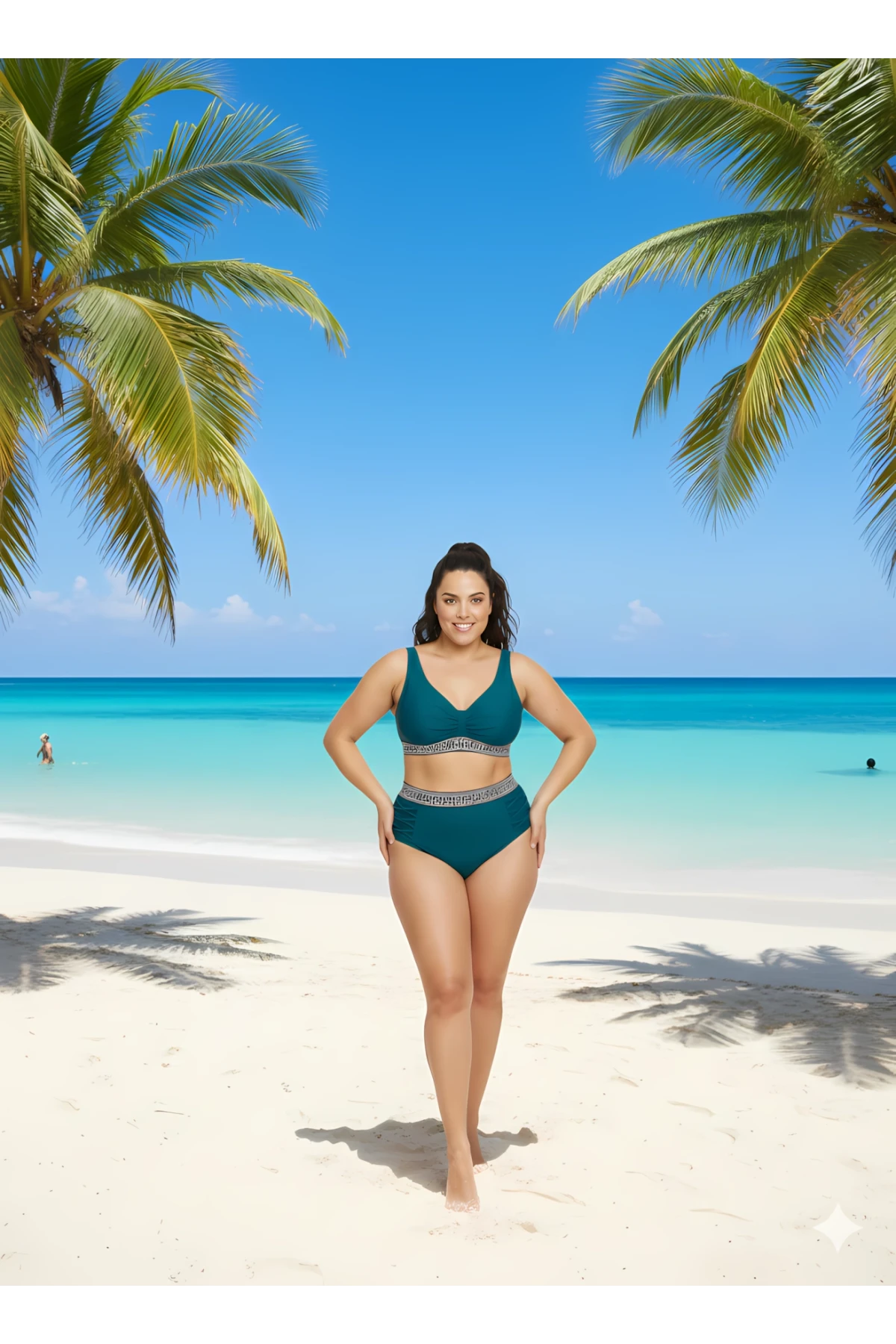 Kadın Yeşil Yüksek Bel Şerit Detaylı Destekli Büyük Beden Bikini Takımı HZL25S-LC201