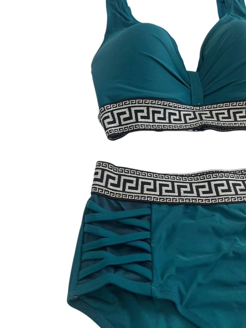 Kadın Yeşil Yüksek Bel Yanları Şerit Detaylı Desenli Lastikli Destekli Bikini Takımı HZL25S-LC201