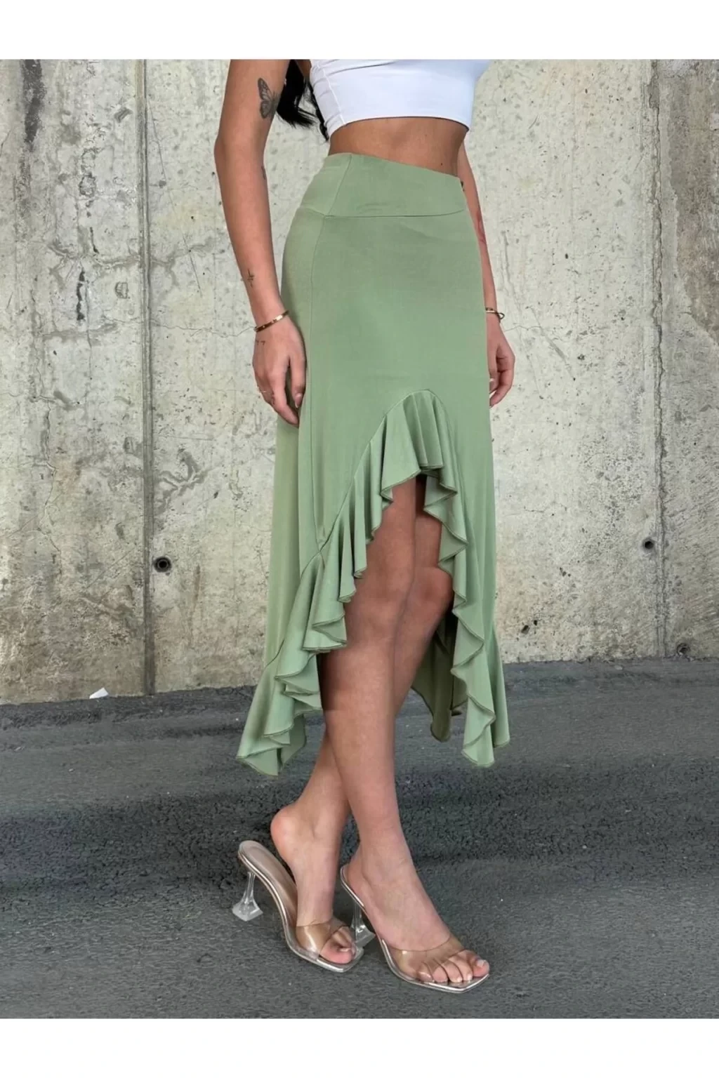 Kadın Yeşil Yüksel Bel Dalgıç Kumaş Asimetrik Kesim Etek HZL25S-ZK11701