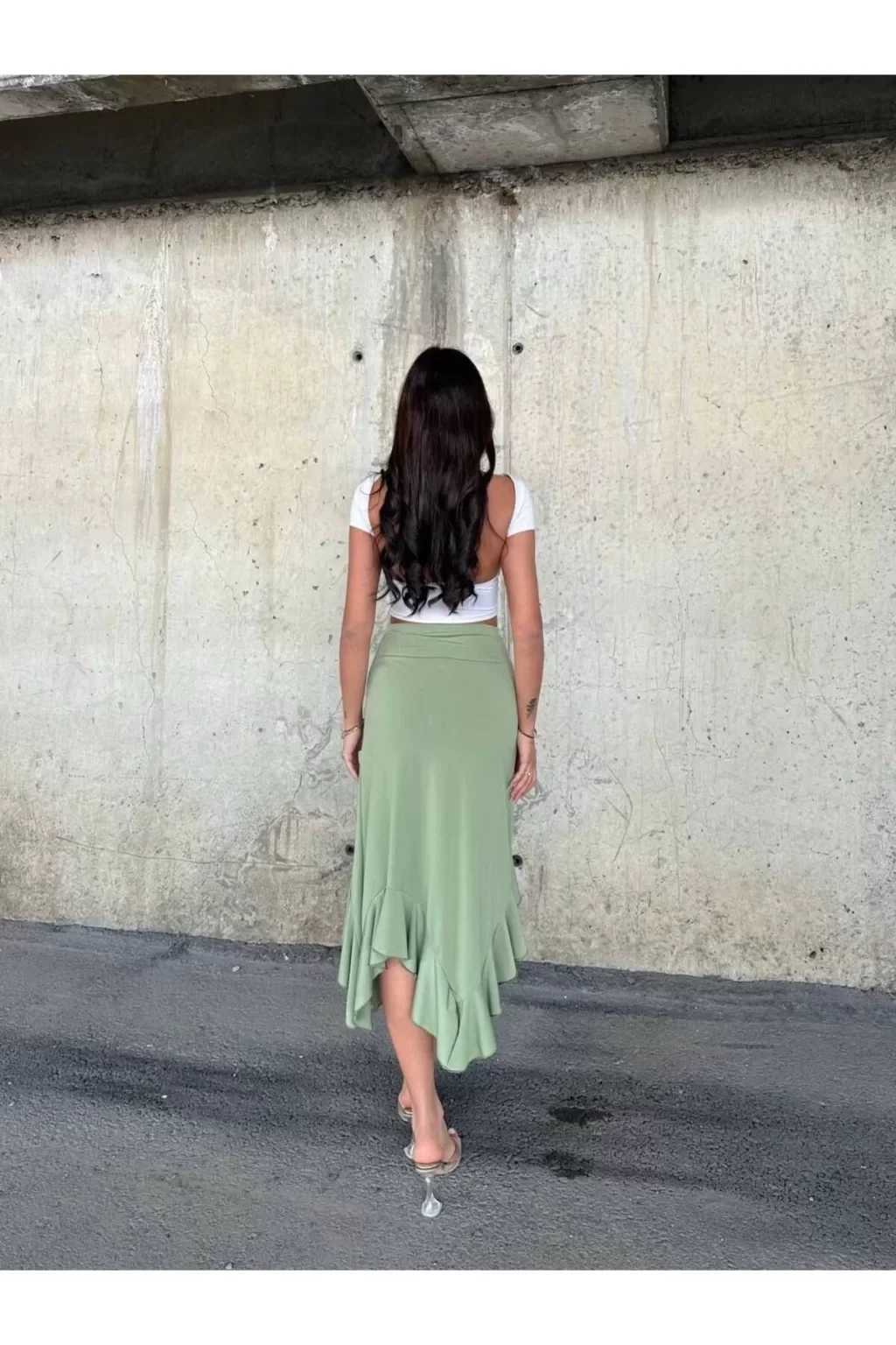 Kadın Yeşil Yüksel Bel Dalgıç Kumaş Asimetrik Kesim Etek HZL25S-ZK11701