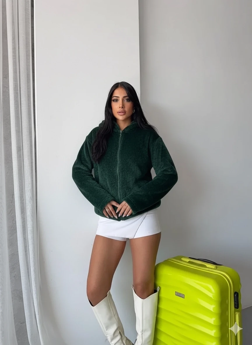 Kadın Zümrüt Welsoft esnek kumaş Peluş Yumoş Önü Fermuarlı Kapüşonlu Ceket HZL23W-DSB110081