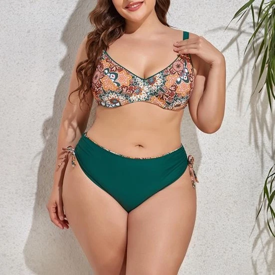 Kadın  Zümrüt Yeşil Etnik Desen Büyük Beden Bikini Takım HZL25S-LC3310