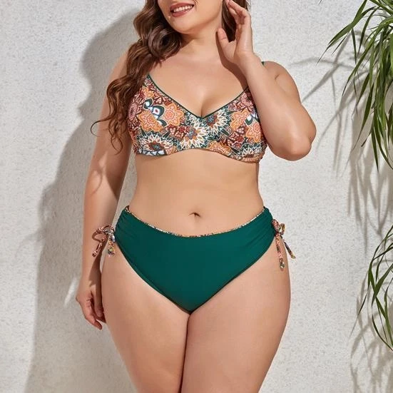 Kadın  Zümrüt Yeşil Etnik Desen Büyük Beden Bikini Takım HZL25S-LC3310