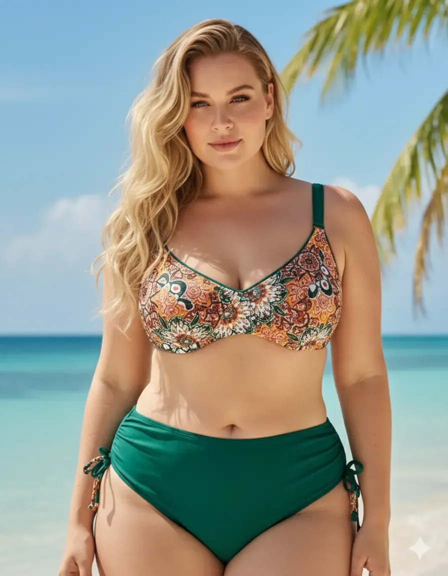 Kadın  Zümrüt Yeşil Etnik Desen Büyük Beden Bikini Takım HZL25S-LC3310