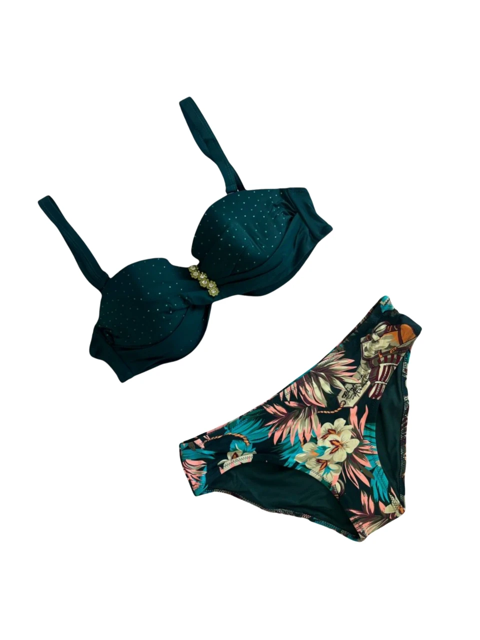 Kadın Zümrüt Yeşil Taş İşlemeli Aksesuar Detaylı Astarlı Bikini Takımı HZL25S-LC4005