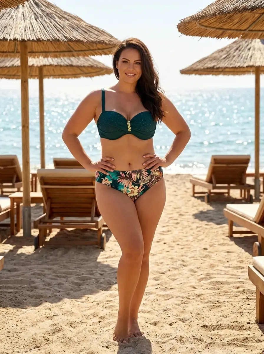 Kadın Zümrüt Yeşil Taş İşlemeli Aksesuar Detaylı Astarlı Bikini Takımı HZL25S-LC4005