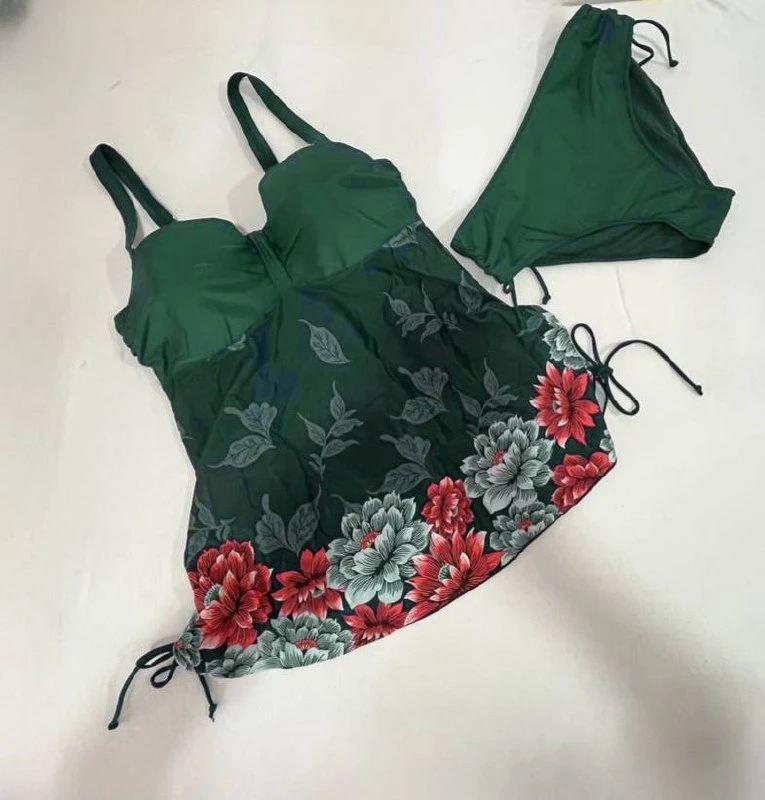 Kadın Zümrüt Yeşili Çiçek Desenli Elbise Model  Slipli Tankini HZL24S-LC4009