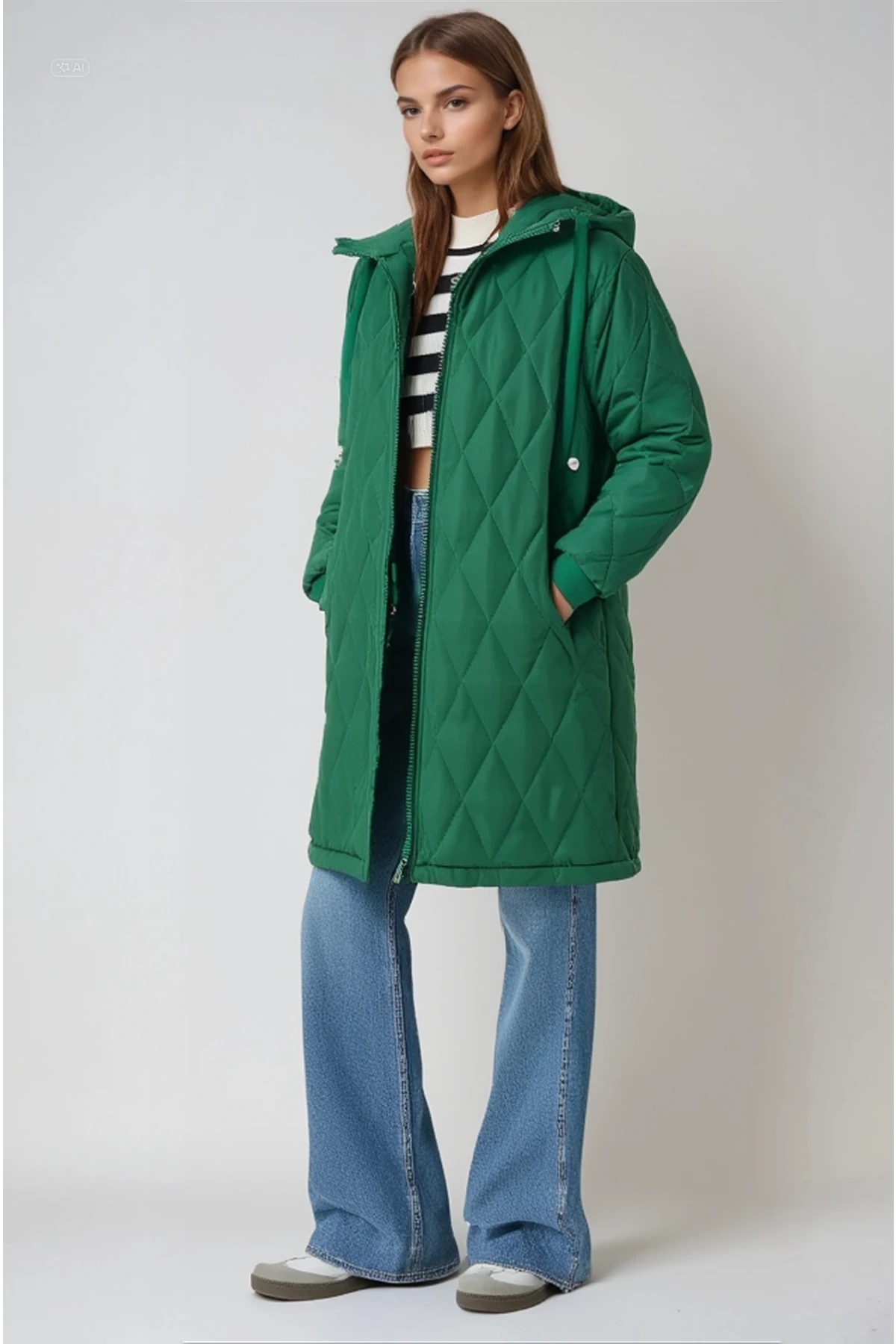 Kadın Zümrüt Yeşili Kapitone Uzun Şişme Mont HZL22W-BD151381