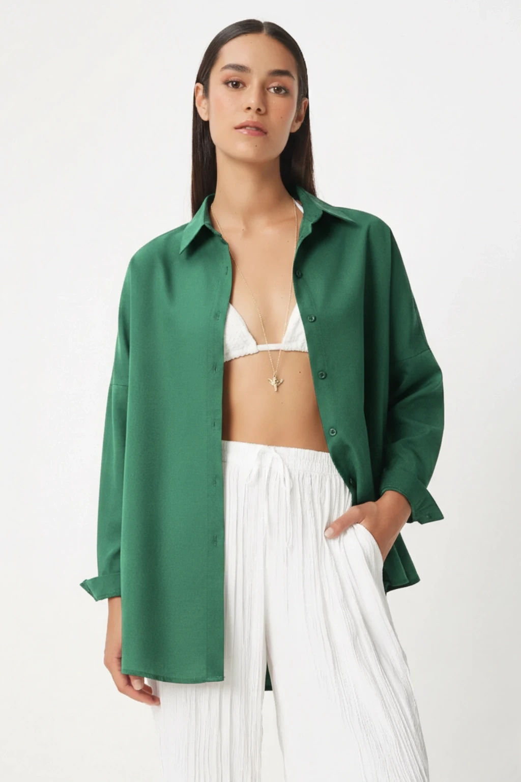 Kadın Zümrüt Yeşili Oversize Uzun Basic Gömlek HZL22W-BD139001