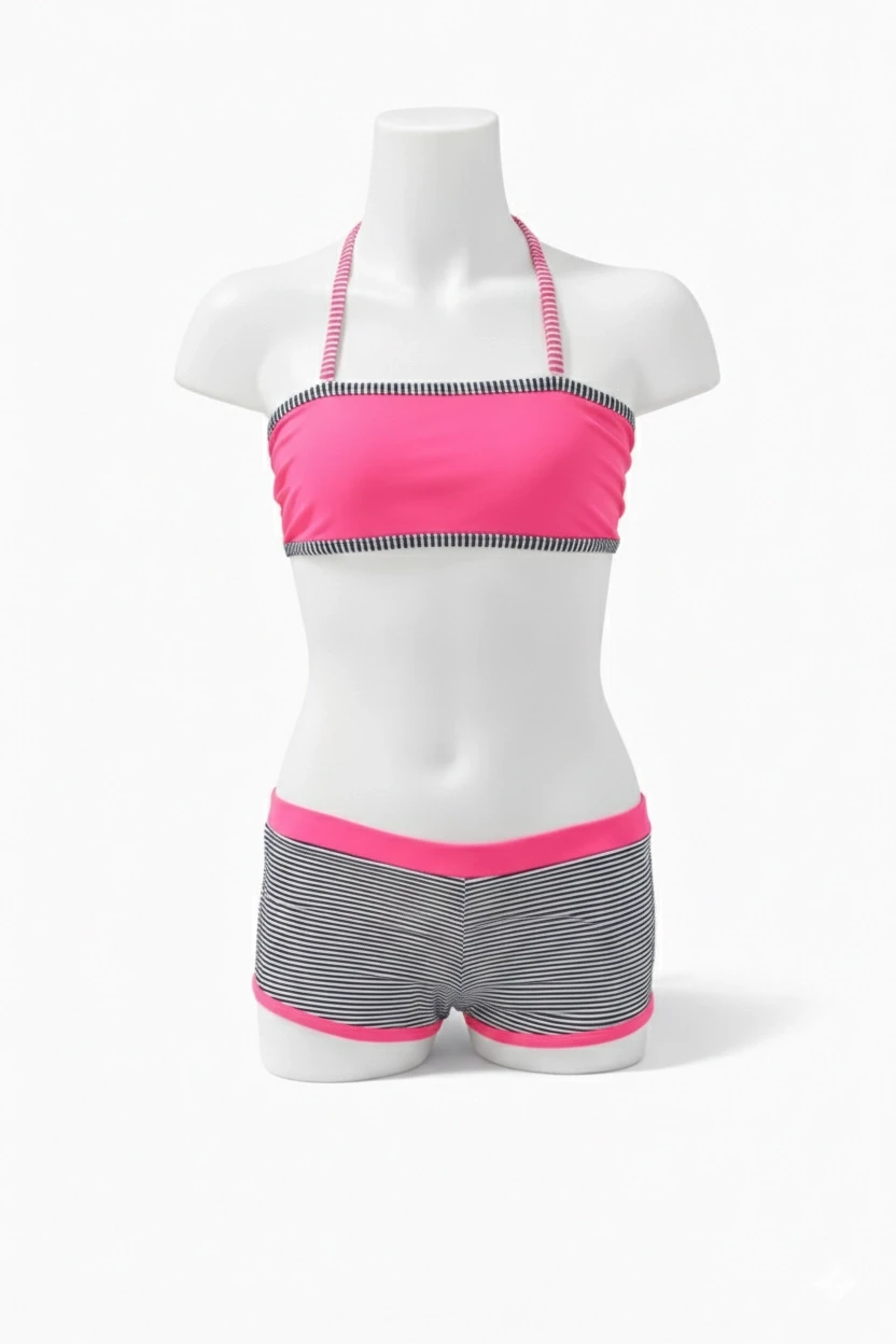 Kız Çocuk Açık Pembe Çizgili Şortlu 4-12 Yaş Straplez Bikini Takım HZL24S-LC9034