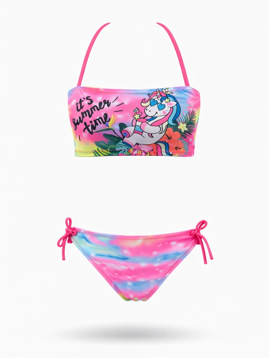 Kız Çocuk Açık Pembe Desenli  2-8 Yaş Straplez Bikini Takım HZL24S-LC3652