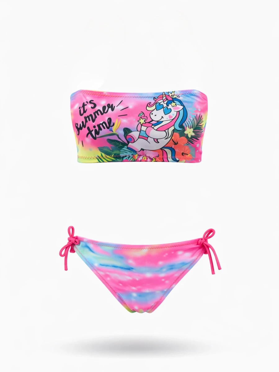 Kız Çocuk Açık Pembe Desenli  2-8 Yaş Straplez Bikini Takım HZL24S-LC3652