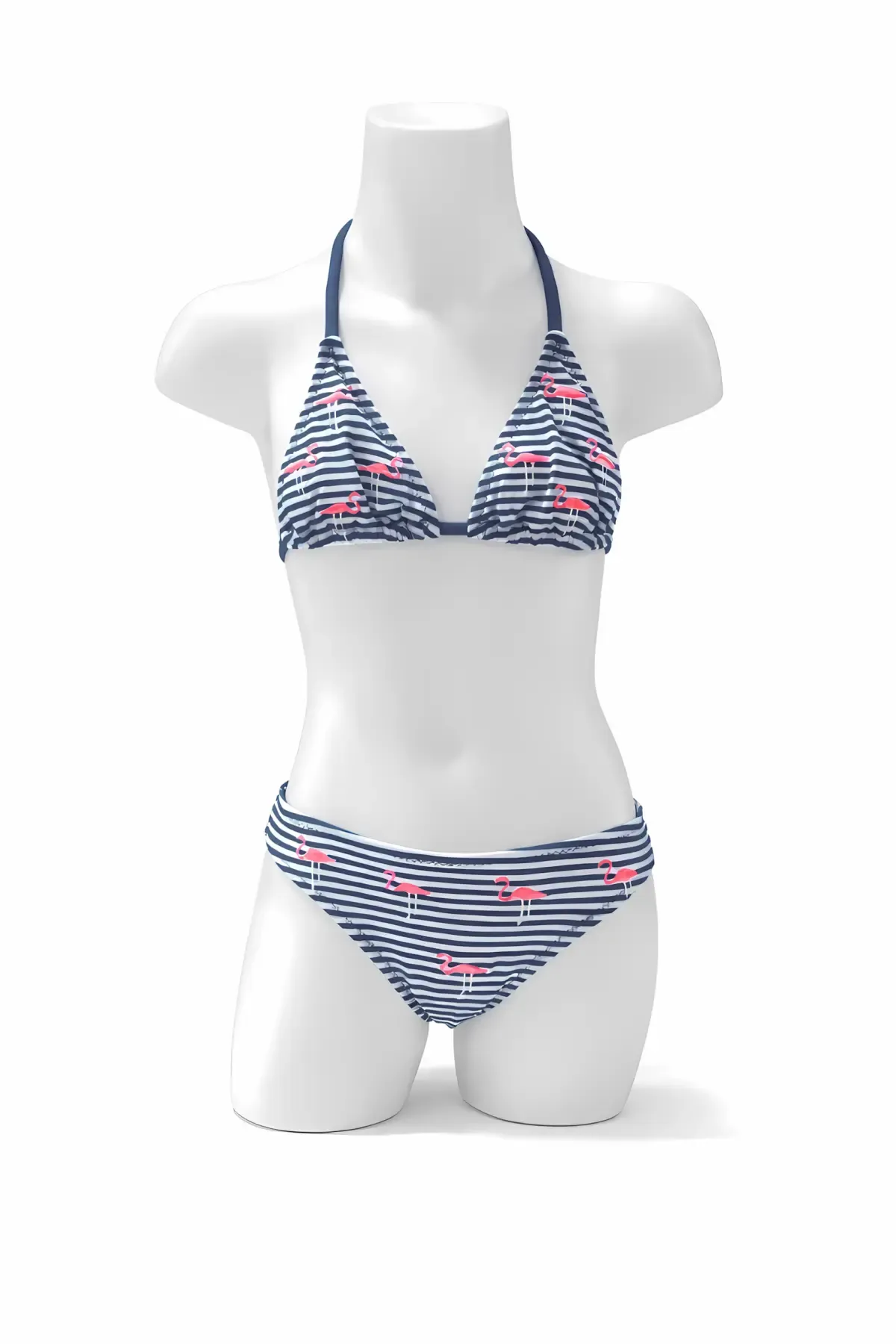 Kız Çocuk Lacivert Beyaz Çizgili Flamingo Desenli  4-12 Yaş Üçgen Bikini Takım HZL24S-LC171