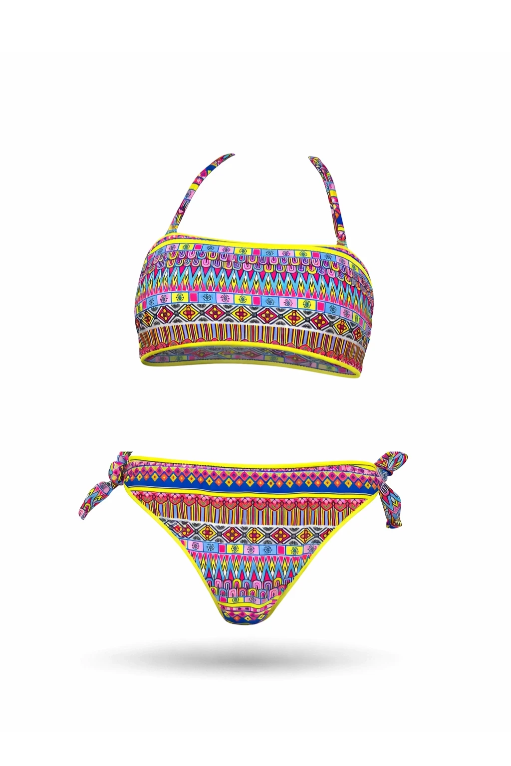 Kız Çocuk Mavi Neon Sarı Çok Renkli Astarlı 4-12 Yaş Straplez Bikini Takım HZL24S-LC6355