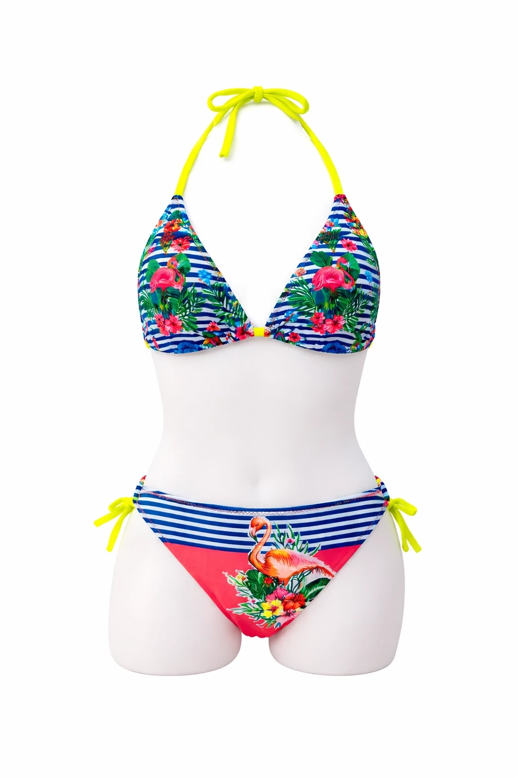 Kız Çocuk Mavi Pembe Flamingo Glow Desenli  6-14 Yaş Üçgen Bikini Takım HZL26S-LC19018