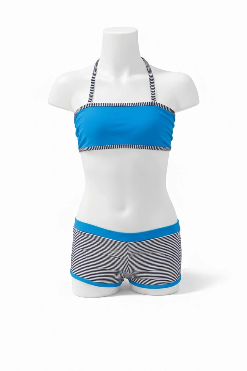 Kız Çocuk Mavi Siyah Çizgili Şortlu 4-12 Yaş Straplez Bikini Takım HZL24S-LC9034