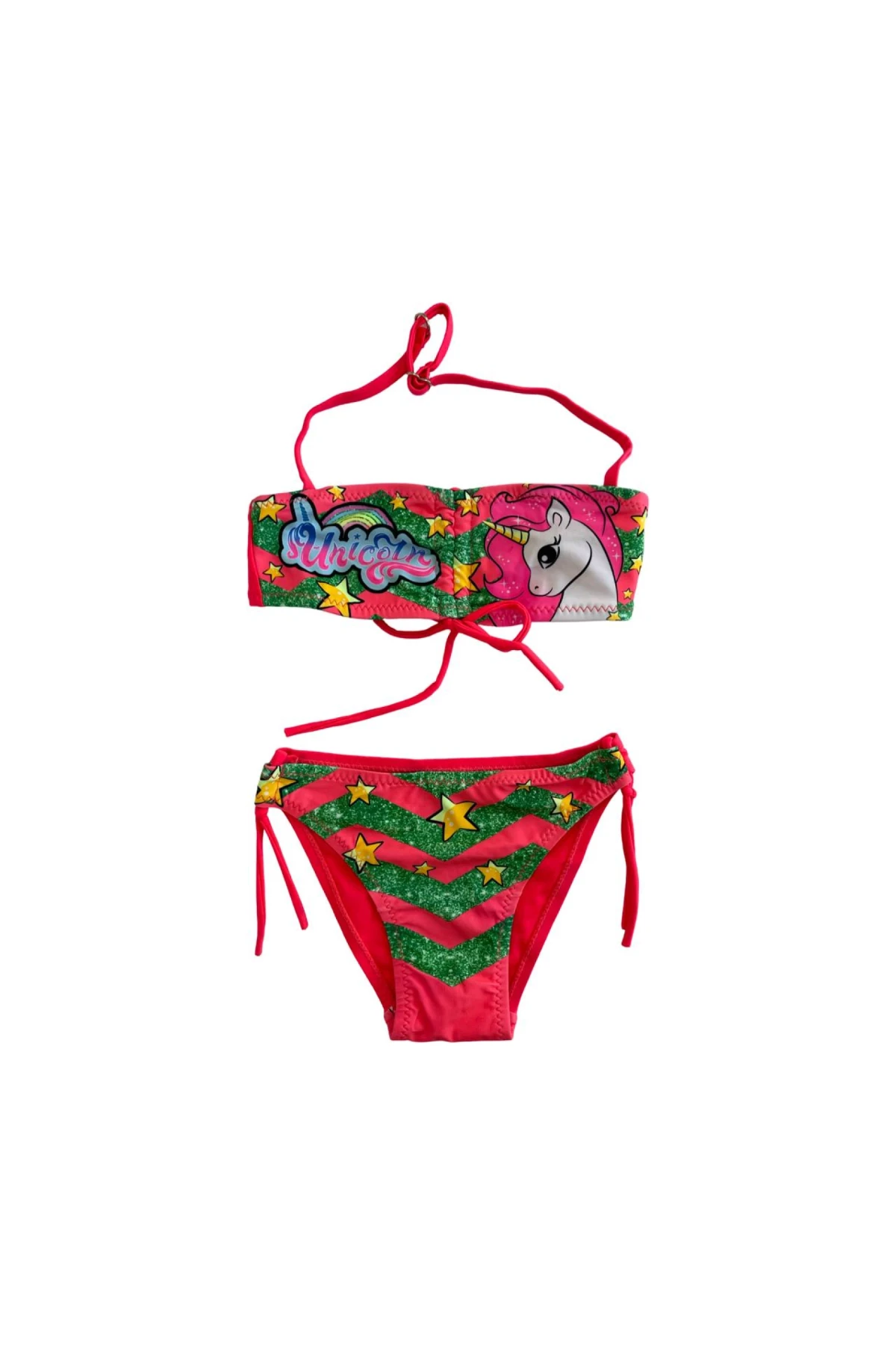 Kız Çocuk Neon Pembe Unicorn Desenli  2-8 Yaş Straplez Bikini Takım HZL24S-LC3658
