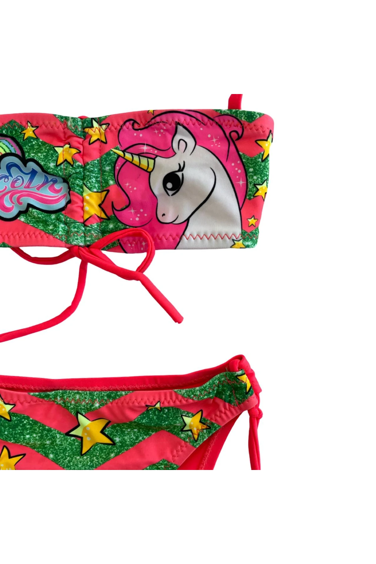 Kız Çocuk Neon Pembe Unicorn Desenli  2-8 Yaş Straplez Bikini Takım HZL24S-LC3658