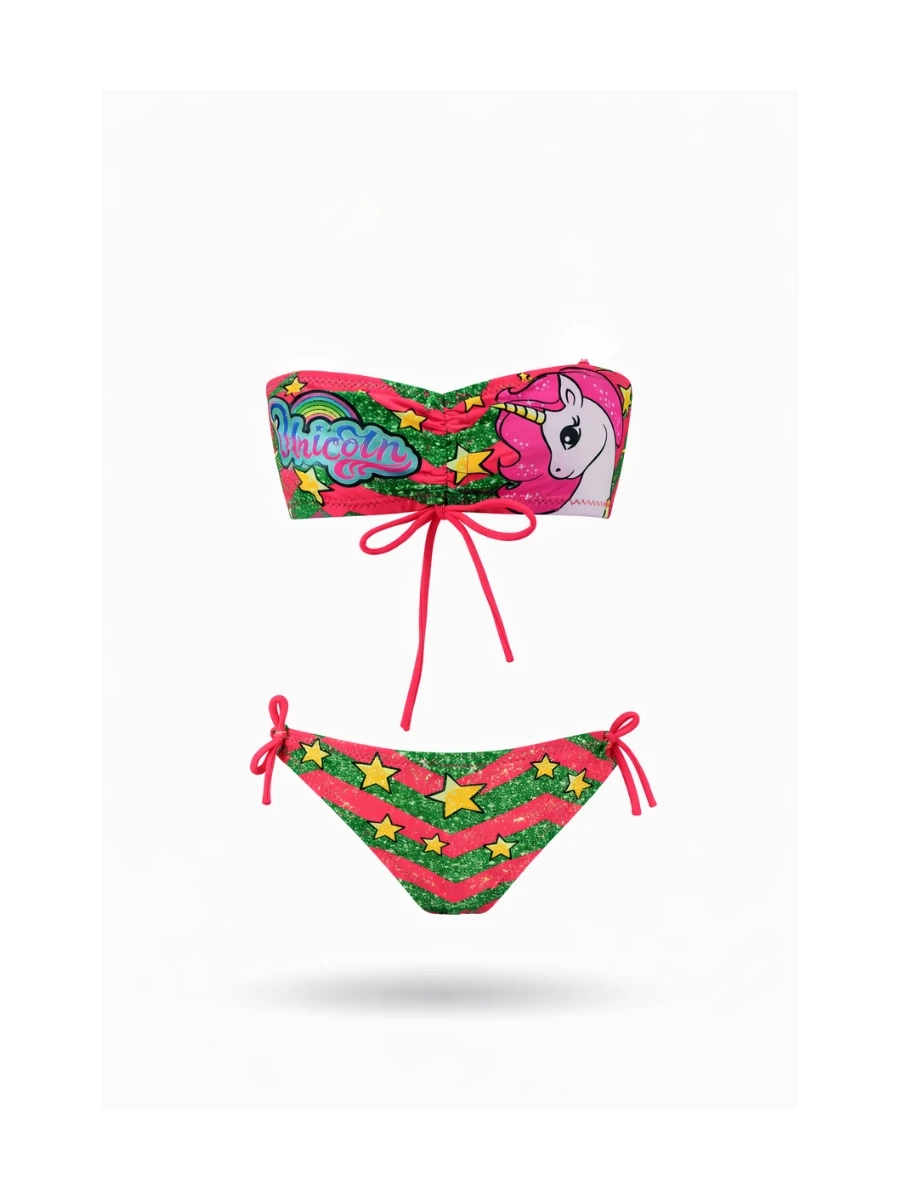 Kız Çocuk Neon Pembe Unicorn Desenli  2-8 Yaş Straplez Bikini Takım HZL24S-LC3658