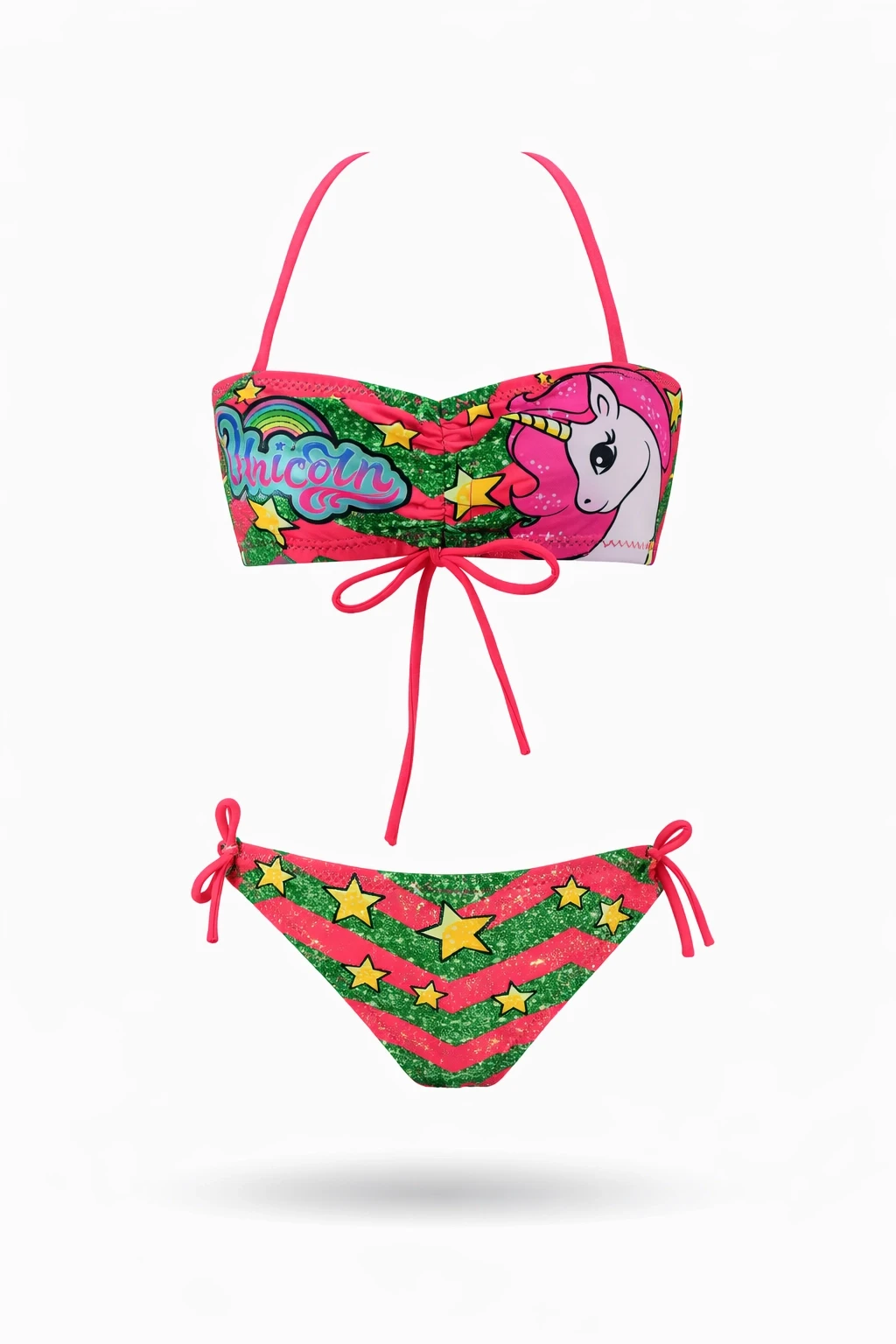 Kız Çocuk Neon Pembe Unicorn Desenli  2-8 Yaş Straplez Bikini Takım HZL24S-LC3658
