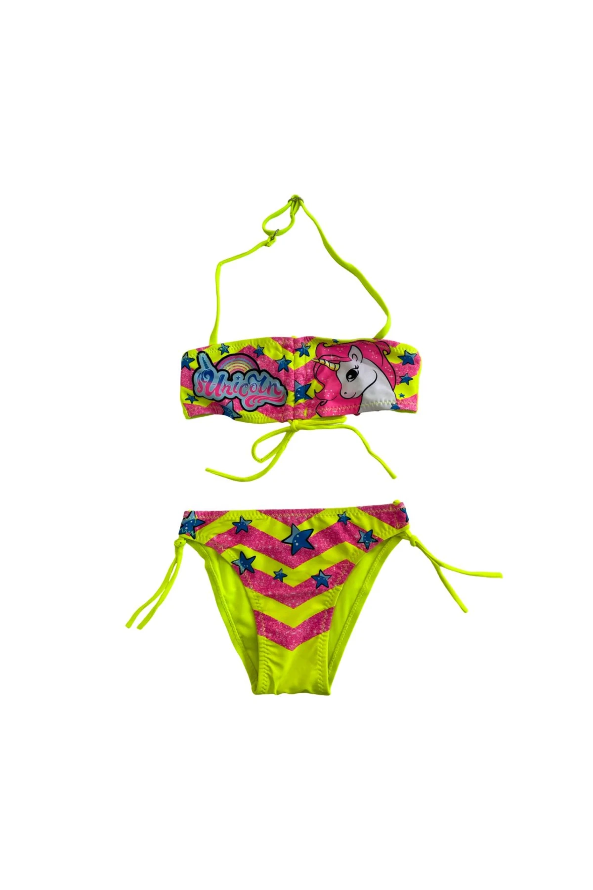 Kız Çocuk Neon Sarı Unicorn Desenli  2-8 Yaş Straplez Bikini Takım HZL24S-LC3658