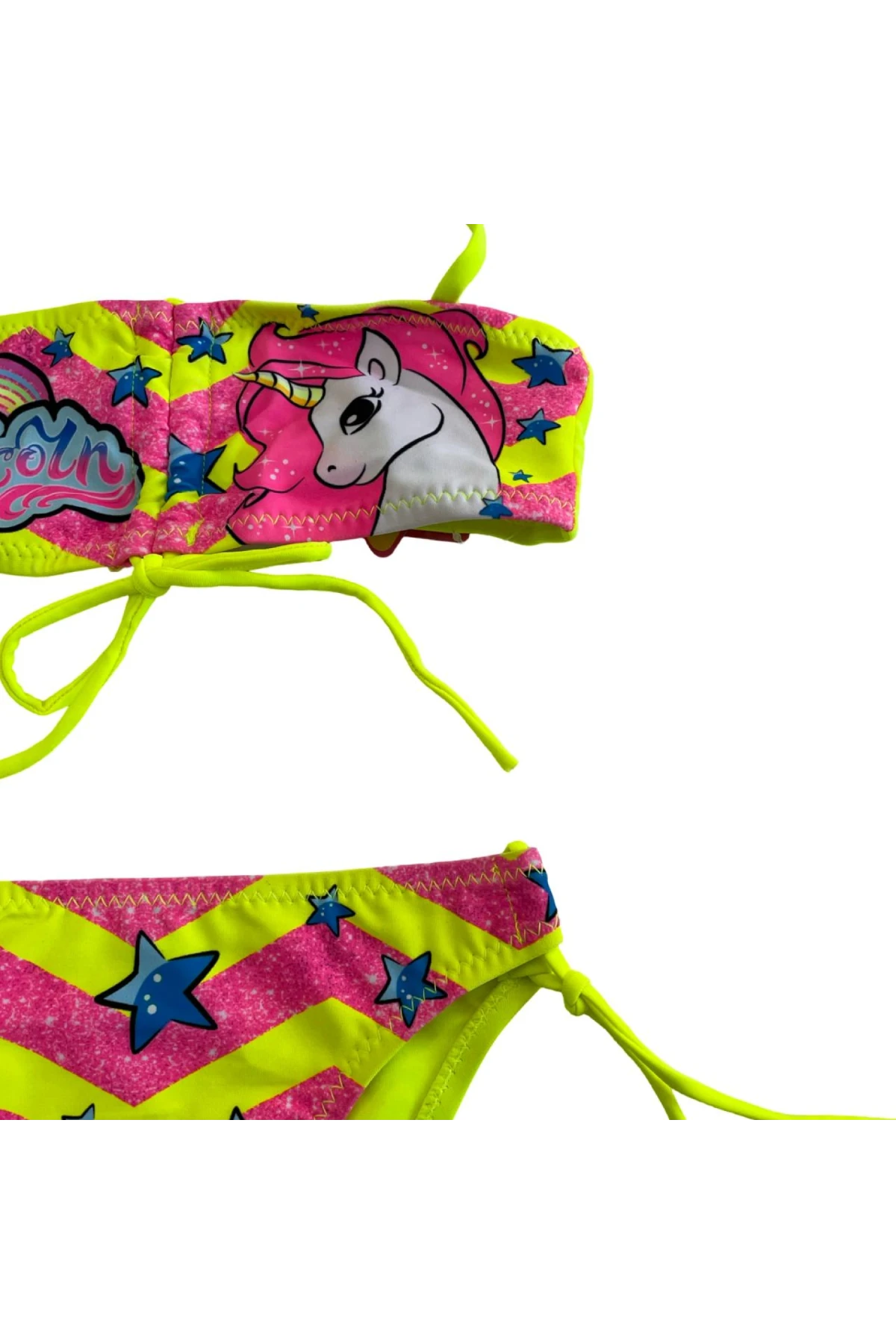 Kız Çocuk Neon Sarı Unicorn Desenli  2-8 Yaş Straplez Bikini Takım HZL24S-LC3658