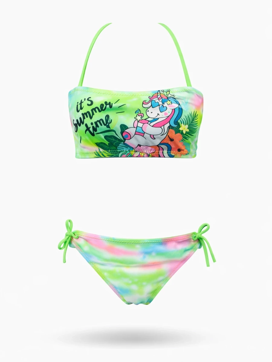 Kız Çocuk Neon Yeşil Desenli  2-8 Yaş Straplez Bikini Takım HZL24S-LC3652