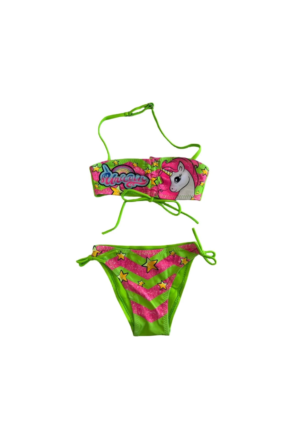 Kız Çocuk Neon Yeşil Unicorn Desenli  2-8 Yaş Straplez Bikini Takım HZL24S-LC3658