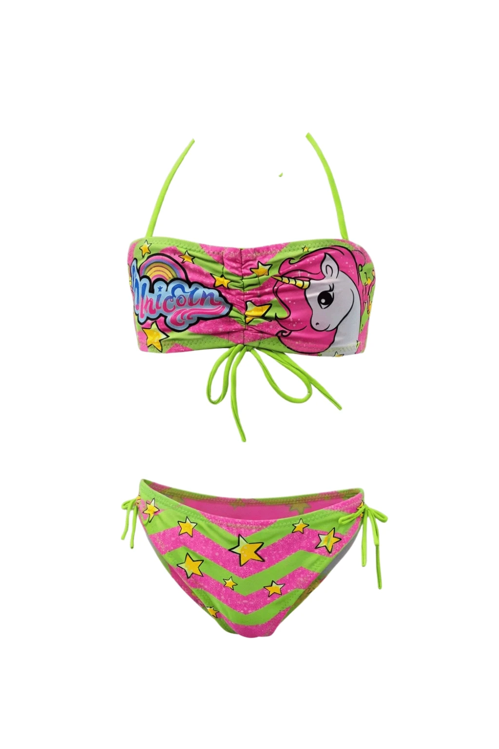 Kız Çocuk Neon Yeşil Unicorn Desenli  2-8 Yaş Straplez Bikini Takım HZL24S-LC3658