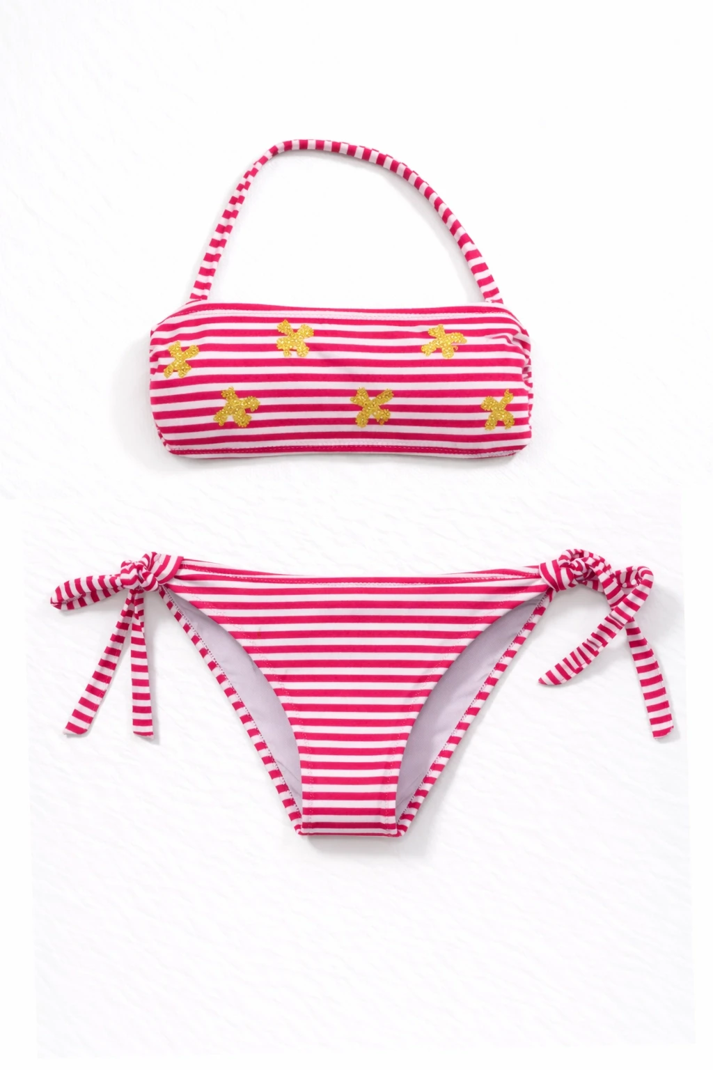 Kız Çocuk Pembe Beyaz Çizgili Arı Çıkartmalı 4-12 Yaş Straplez Bikini Takım HZL24S-LC3228