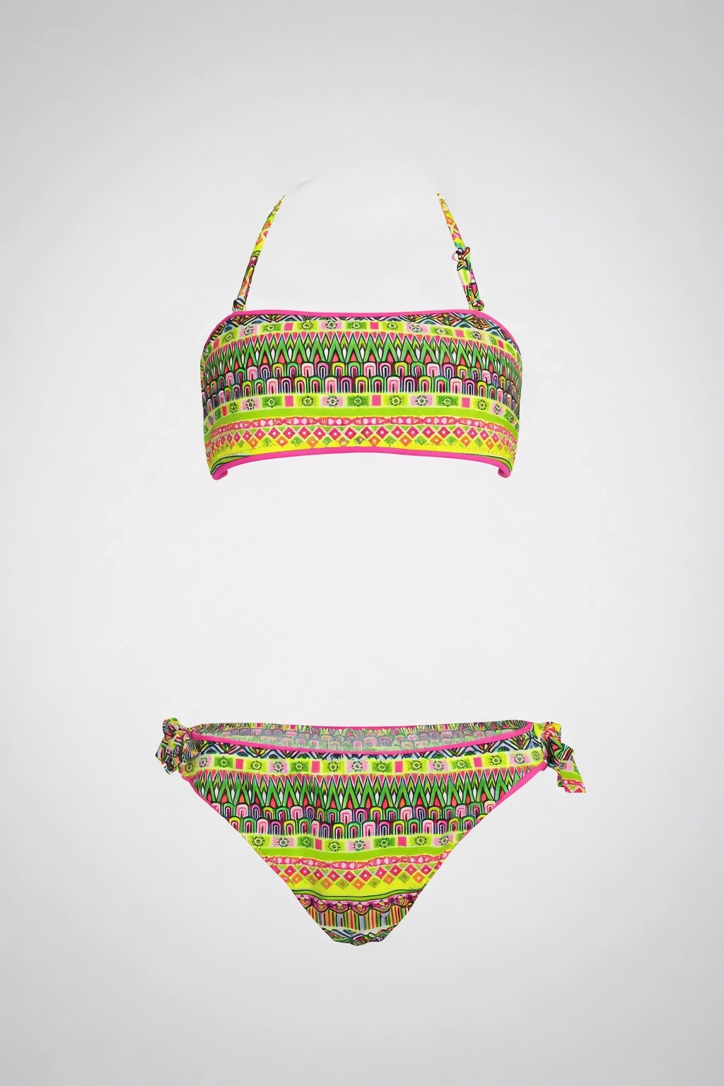 Kız Çocuk Pembe Neon Sarı Çok Renkli Astarlı 4-12 Yaş Straplez Bikini Takım HZL24S-LC6355