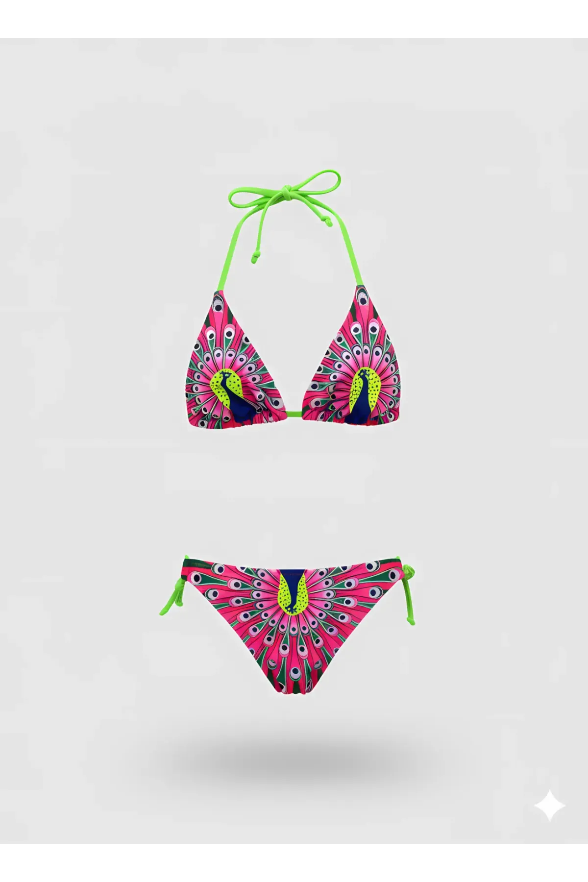 Kız Çocuk Pembe Tavuz Kuşu Desenli  6-14 Yaş Üçgen Bikini Takım HZL24S-LC19017