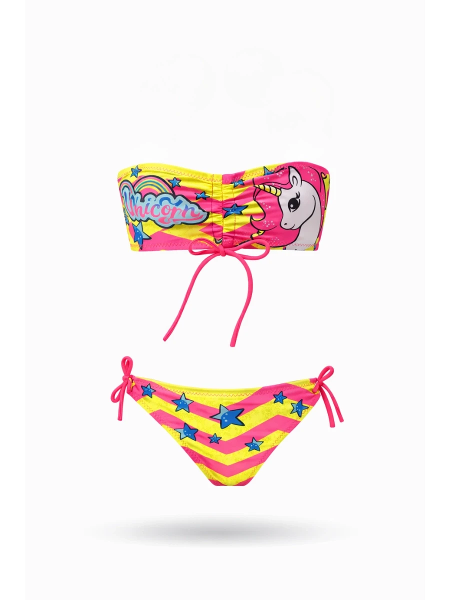 Kız Çocuk Pembe Unicorn Desenli  2-8 Yaş Straplez Bikini Takım HZL24S-LC3658