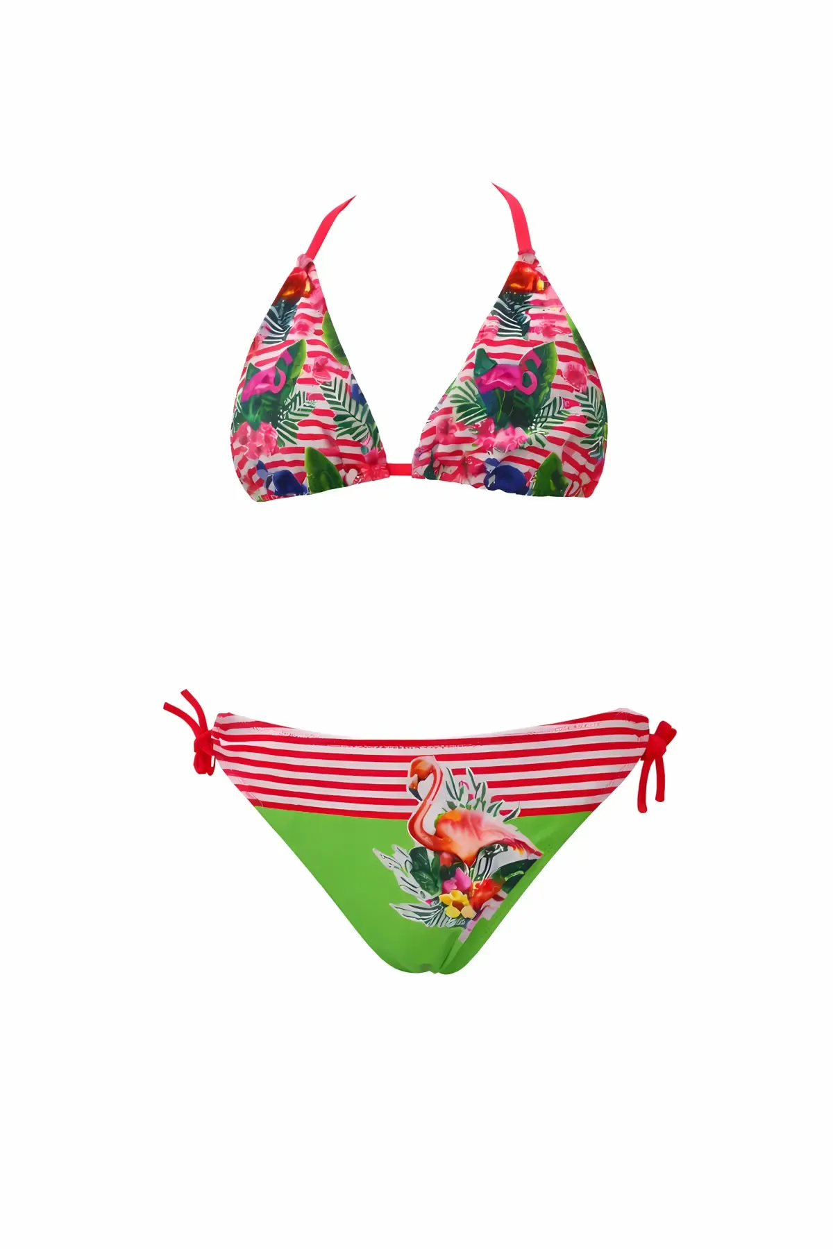Kız Çocuk Pembe Yeşil Flamingo Glow Desenli 6-14 Yaş Üçgen Bikini Takım HZL26S-LC19018