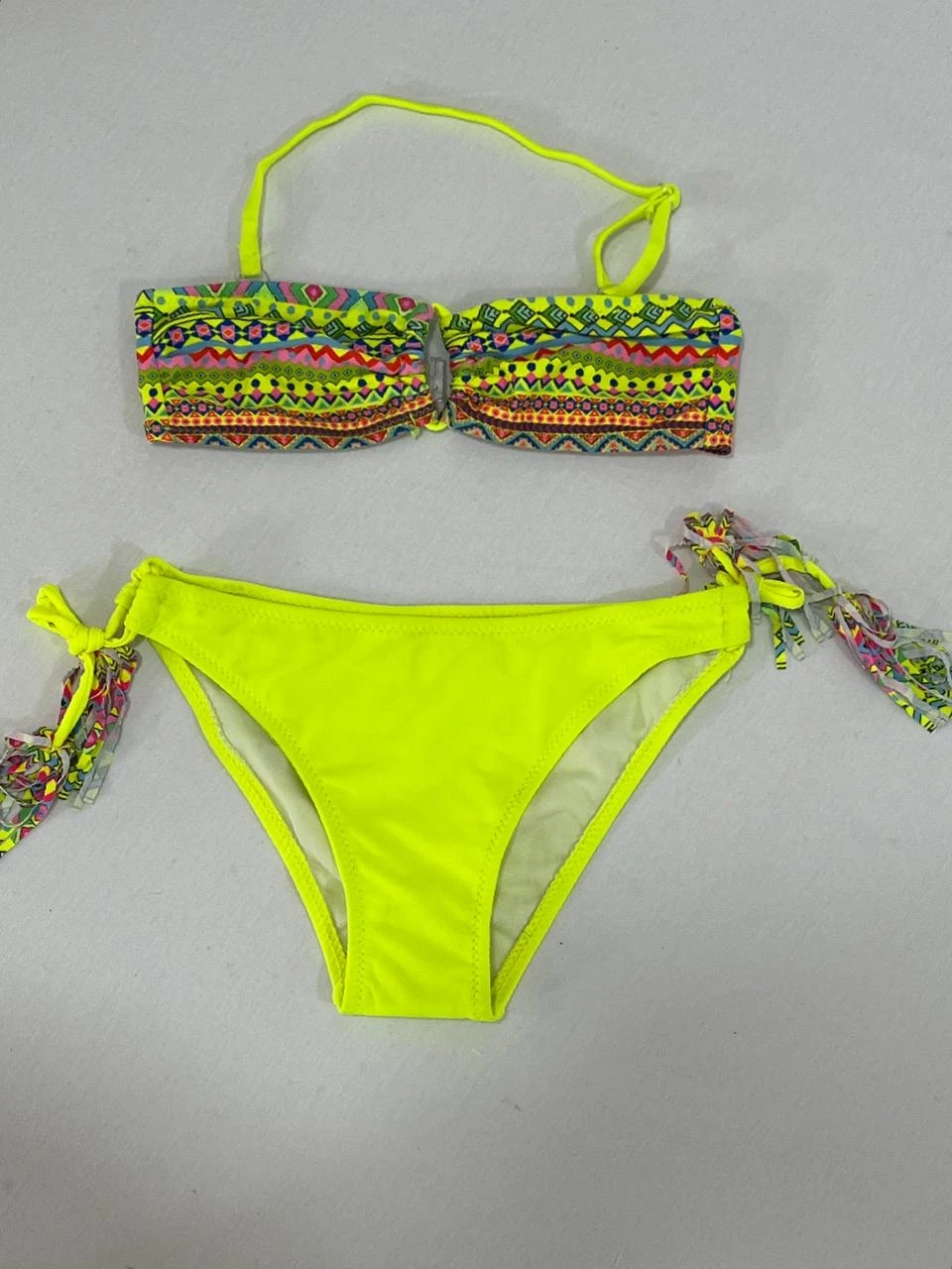 Kız Çocuk Sarı Çok Renkli  İp Detaylı Astarlı 4-12 Yaş Üçgen Bikini Takım HZL24S-LC1904