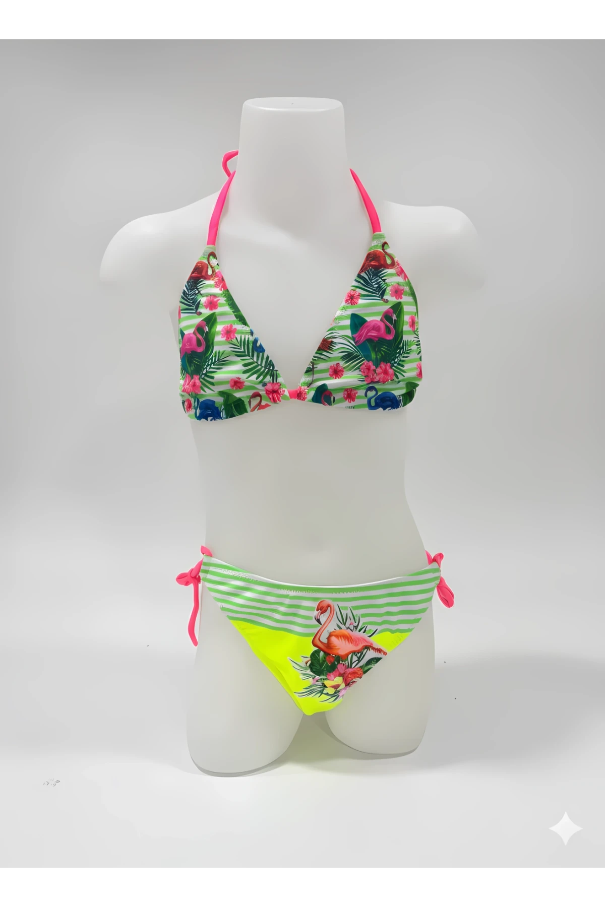 Kız Çocuk Yeşil Flamingo Glow Desenli  6-14 Yaş Üçken Bikini Takım HZL26S-LC9018