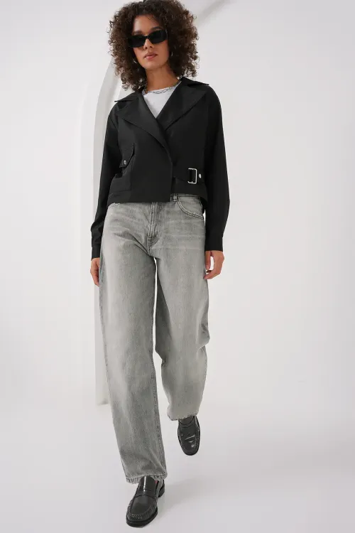 0712 Kruvaze Yaka Kısa Trençkot - Siyah