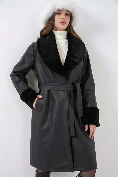1045 Kürklü Suni Deri Kaban - Siyah