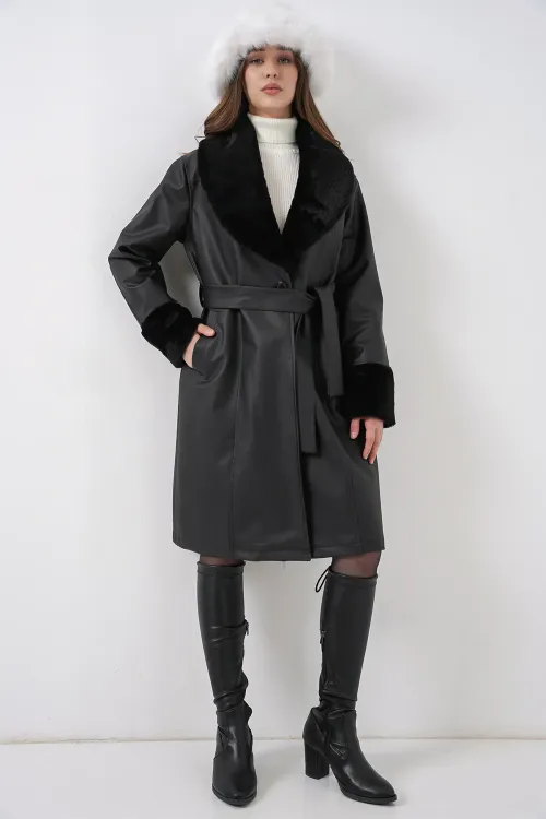 1045 Kürklü Suni Deri Kaban - Siyah