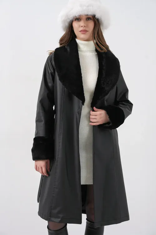 1045 Kürklü Suni Deri Kaban - Siyah