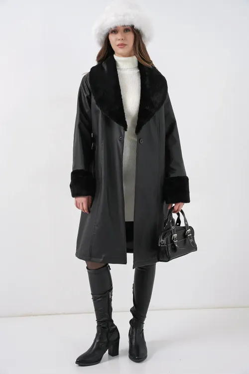 1045 Kürklü Suni Deri Kaban - Siyah