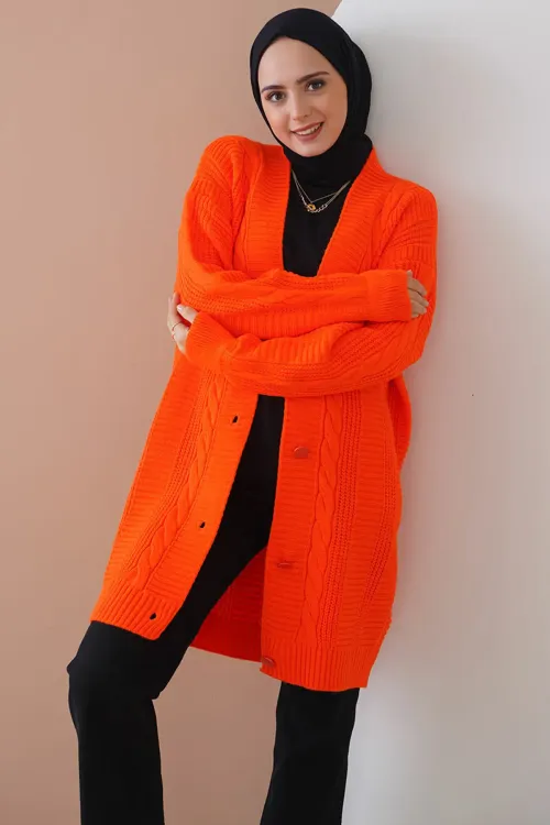15768 Tesettür Triko Hırka - Turuncu